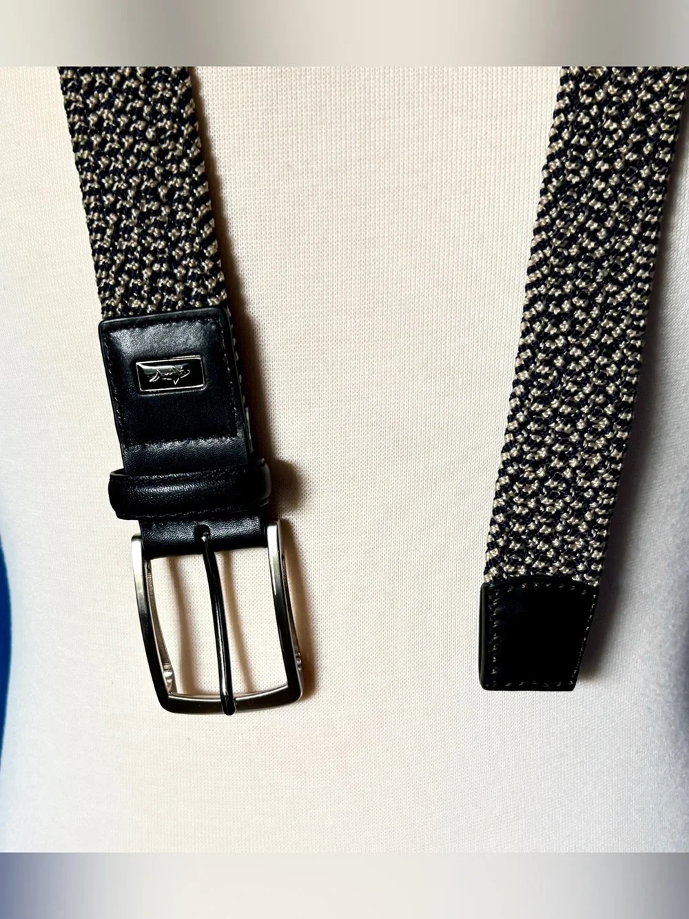 Greg Norman Blue Grey Stretch Belt 34 Black Leather Silver Buckle Logo Golf